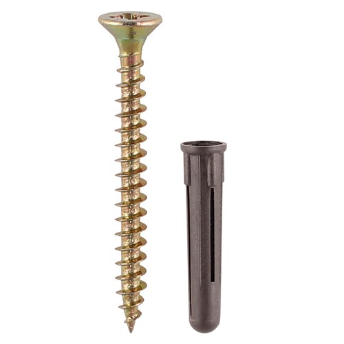 Plastic plugs supplied with screws, suitable for all kinds of masonry and substrate materials in medium to lightweight applications. NOTE: It may be beneficial to reduce drill diameter in soft materials.

• Zinc &amp; yellow screws