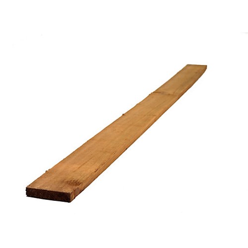 Timber gravel board 6&quot;x1&quot; comes in a pressure treated brown colour and sits at the bottom of a timber featheredge panel.