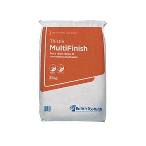 Thistle Multifinish is a versatile finish plaster for use on common backgrounds including undercoat plasters and plasterboards. Thistle MultiFinish is the most popular universal skim finish plaster for common backgrounds; it can be used as part of a two-coat plaster system or on plasterboard.  Its flexibility also makes it an ideal choice for small repair jobs and patching.