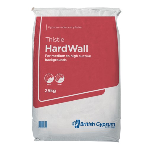Thistle HardWall - An undercoat plaster with high impact resistance. Thistle HardWall is a quick drying undercoat plaster suitable for use on most masonry backgrounds such as bricks, medium-density and aircrete blocks. Thistle HardWall can be hand or spray applied and is ideal for use in a 2-coat plaster system.