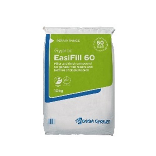 Gyproc EasiFill 60 - A combined setting and air-drying, gypsum based material for both bulk filling and finishing of joints. This product has a working time of just 60 minutes and any second coat can be applied in 140 minutes. High coverage rate and minimal drying shrinkage allows easy application and sanding.