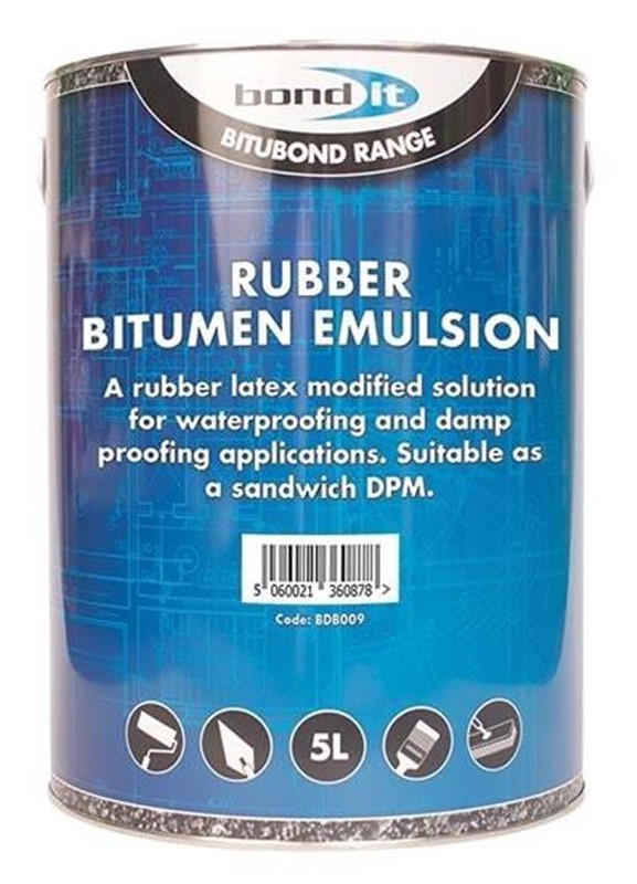 A solvent-free, rubberised bitumen emulsion which dries to a tough, black coating providing a highly effective cold-applied, damp-proof membrane in sandwich constructions.

It can also be used as a waterproof for floors, walls and other above ground structures and acts as a curing membrane when applied to green concrete.

It is equally effective as an adhesive for wood blocks, wood mosaic panels, insulation boards, expanded polystyrene and cork panels, or as a plaster bonding agent on difficult surfaces.

It can also be applied to damp surfaces. Resistant to extreme heat and cold and has a low odour.