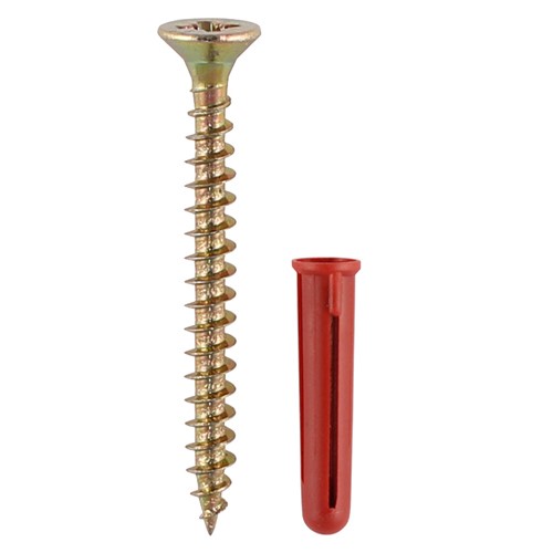 Plastic plugs supplied with screws, suitable for all kinds of masonry and substrate materials in medium to lightweight applications. NOTE: It may be beneficial to reduce drill diameter in soft materials.
• Zinc &amp; yellow screws