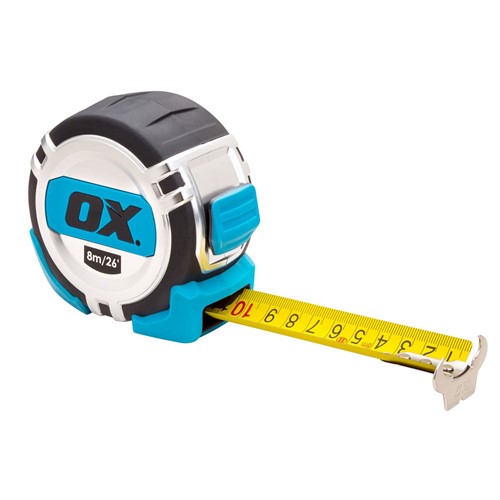 The OX Pro 8M Tape Measure features a 32mm wide blade with an impressive 2.8M stand out with both metric and imperial graduations. The heavy duty case with chrome over mould ensures durability while the big end hook ensures easy clip to surfaces. The handy belt hook makes fastening to a tool belt and portability easy. The tape comes with an easy to carry strap.