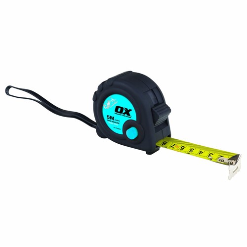 The OX Trade 5M Tape Measure features a 25mm wide nylon coated blade with both metric and imperial graduations and a shock absorbing blade return bumper. The tape measure also has a quick release bottom strip and east access sliding thumb lock.