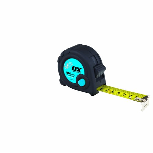 The OX Trade 8M Tape Measure features a 25mm wide nylon coated blade with both metric and imperial graduations and a shock absorbing blade return bumper. The tape measure also has a quick release bottom strip and east access sliding thumb lock.