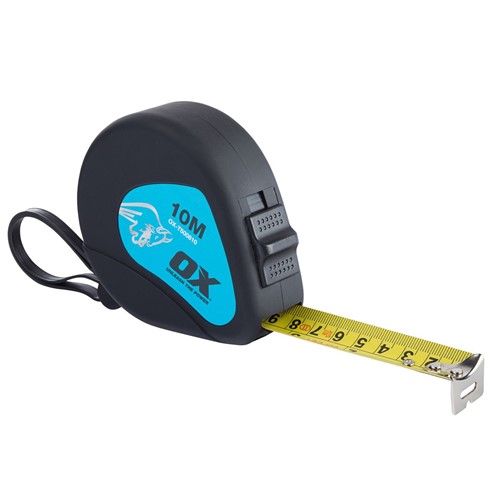 The OX Trade 10M Tape Measure features a 25mm wide nylon coated blade with both metric and imperial graduations and a shock absorbing blade return bumper. The tape measure also has a quick release bottom strip and east access sliding thumb lock.