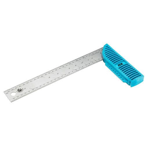 The OX pro carpenters square and angle finder comes with a unique support ledge and robust high impact polymer handle. The stainless steel blade has permanently etched measurements in cm and in. The varying angles makes it ideal for beveling and framing.