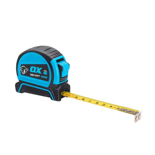 The OX OX-P505203 3m Pro Dual Auto Lock Tape Measure is a double sided tape measure featuring imperial and metric measurements. With a Class 2 Accuracy, this dual locking measuring tape ensures secure and accurate measurements. The ergonomic design allows the tape measure to fit comfortably in the palm of your hand, and the durable rubber case protects it against damage caused by drops or knocks. This measure also features a useful belt clip, allowing it to be attached to a belt for easy transportation and storage onsite. The end hook is magnetic, and the blade is extruded nylon for a longer working life. Ideal for DIY enthusiasts and trade professionals.
