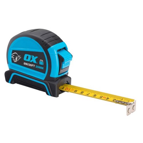 The OX OX-P505208 8m Pro Dual Auto Lock Tape Measure is a double sided tape measure featuring imperial and metric measurements. With a Class 2 Accuracy, this dual locking measuring tape ensures secure and accurate measurements. The ergonomic design allows the tape measure to fit comfortably in the palm of your hand, and the durable rubber case protects it against damage caused by drops or knocks. This measure also features a useful belt clip, allowing it to be attached to a belt for easy transportation and storage onsite. The end hook is magnetic, and the blade is extruded nylon for a longer working life. Ideal for DIY enthusiasts and trade professionals.
