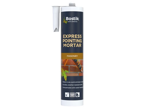 Bostik Express Pointing Mortar has been specially developed to quickly repair damaged masonry joints in brick and stonework, without having to mix mortar. It can also be used to seal between stones, brick slips and around lead flashing.