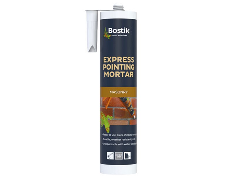 Bostik Express Pointing Mortar has been specially developed to quickly repair damaged masonry joints in brick and stonework, without having to mix mortar. It can also be used to seal between stones, brick slips and around lead flashing.