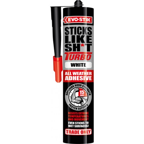 EVO-STIK Sticks Like Sh*t Turbo is a high performance, fast setting grab adhesive that will hold up to 300kg/m&#178; in just 15 minutes. The SM Polymer formulation can be used on almost all building materials and is both weather-proof and water resistant… it’ll even stick to wet surfaces.