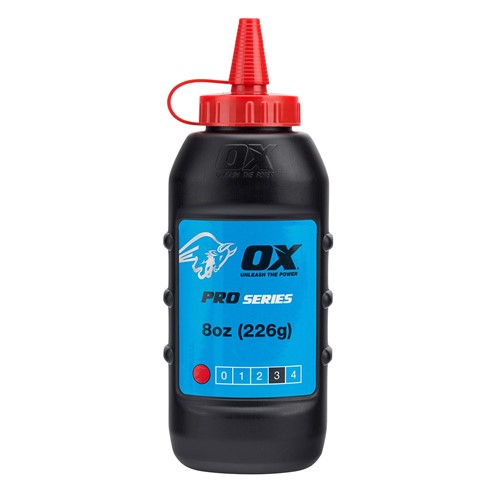 The Ox pro chalk refill in red colour comes in an easy pour , refillable bottle. The powder formulation has good adhesion and high visibility and is ideal for both exterior and interior use. For use with chalk lines.