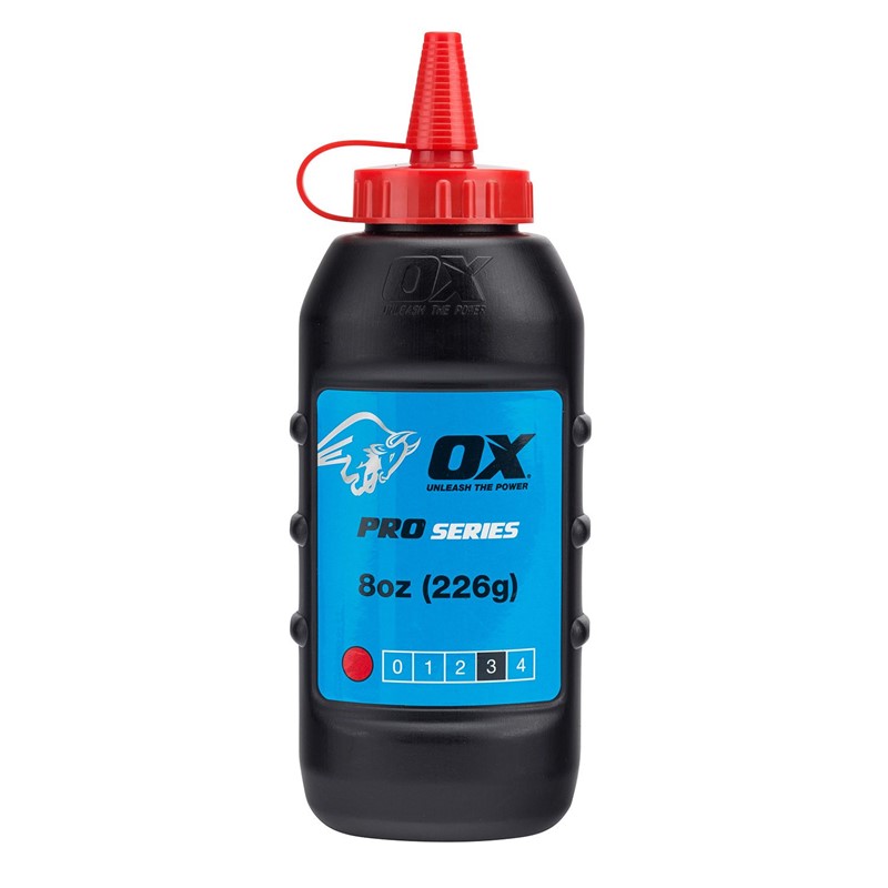 The Ox pro chalk refill in red colour comes in an easy pour , refillable bottle. The powder formulation has good adhesion and high visibility and is ideal for both exterior and interior use. For use with chalk lines.