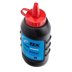 The Ox pro chalk refill in red colour comes in an easy pour , refillable bottle. The powder formulation has good adhesion and high visibility and is ideal for both exterior and interior use. For use with chalk lines.