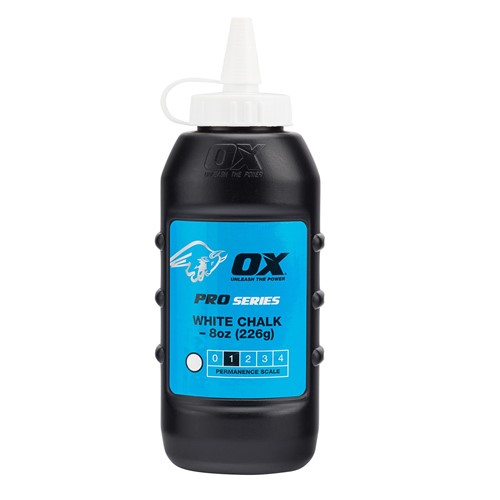 The Ox pro chalk refill in white colour comes in an easy pour , refillable bottle. The powder formulation has good adhesion and high visibility and is ideal for both exterior and interior use. For use with chalk lines.
