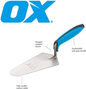 The OX Gauging Trowel is very flexible and lightweight, and can be transported with ease and is made from high-quality carbon steel. The OX Bricklaying Gauging Trowel is put through a heat treatment process, which increases the blade&#39;s ductility, machinability, and increases its impact strength and has a tough, robust construction that incorporates high quality and durability.