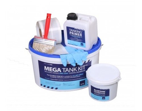 Our new MegaTank Kit is unlike anything currently on the market. Our revolutionary BlueTank membrane is a one-coat tanking membrane which dries in approximately two hours. This dramatically decreases installation time as there is no waiting period between coats. Mega Tank Kit The Tanking Primer contains quartz particles for improved adhesion, and is ready to receive the BlueTank membrane when touch dry. The kit comes with a 10m roll of waterproof tape with a split back for sealing the edges of the tray and bedding into corners.