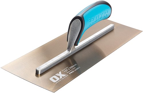The OX Pro Stainless Steel Plasterers Trowel is designed with pre-worn edges which helps in eliminating line &amp; ripple marks with ease and is made with premium quality tempered stainless steel blade and a fully riveted shank ensuring durability and reliability. he OX Finishing Trowel uses a lightweight shank made of industrial grade aluminium which is riveted completely across the blade to prevent any bends or breaks. The OX Builders Plastering Trowel has a soft and comfortable dura-grip handle and a thumb guard for extra comfort and safety.