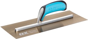 The OX Pro Stainless Steel Plasterers Trowel is designed with pre-worn edges which helps in eliminating line &amp; ripple marks with ease and is made with premium quality tempered stainless steel blade and a fully riveted shank ensuring durability and reliability. he OX Finishing Trowel uses a lightweight shank made of industrial grade aluminium which is riveted completely across the blade to prevent any bends or breaks. The OX Builders Plastering Trowel has a soft and comfortable dura-grip handle and a thumb guard for extra comfort and safety.