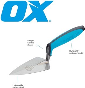 The OX Pro Series Pointing Trowel is fitted with dura-grip Soft Handle and finger protection for enhanced comfort and protection. The straight welded shank of the OX Pointing Trowel with a Philadelphia Pattern is designed to scrape wet mortar and eliminate material wastage from the trowel with ease and has a soft handle and can be used in building works, plastering, industries, etc. The OX Philadelphia Pattern Pointing Trowel has a robust construction and is made using high-quality materials. The trowel works well in diverse condition for a longer period of time without any hassle.