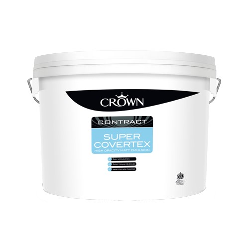 Crown Contract Super Covertex is a full bodied high opacity matt emulsion paint, it is easy to apply with low spatter. Crown Contract Super Covertex is also quick drying with good coverage, ideal for new plaster