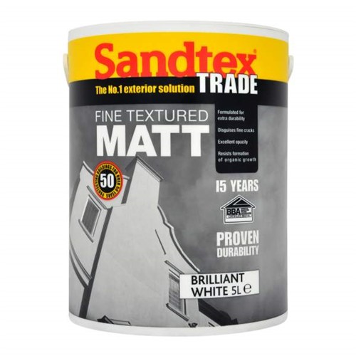Sandtex Trade Fine Textured Matt is a water-based, high opacity, fine textured finish for exterior masonry surfaces. Has an aggregate reinforced film with an anti-carbonation coating which prevents dirt build up on the surface and a fungicide to prevent mould growth. Provides 15 years of long lasting protection.