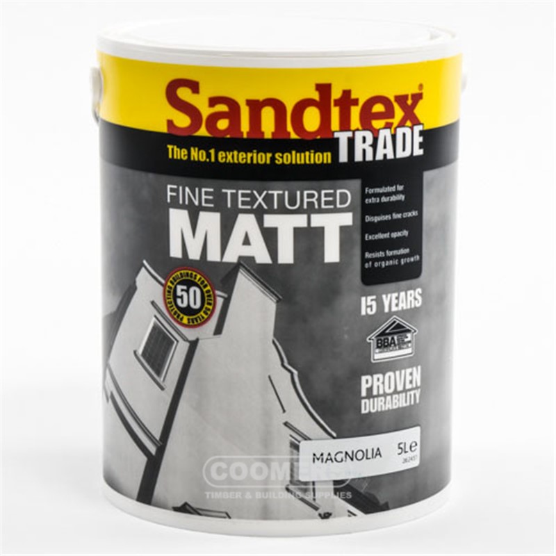 Sandtex Trade Fine Textured Matt is a water-based, high opacity, fine textured finish for exterior masonry surfaces. Has an aggregate reinforced film with an anti-carbonation coating which prevents dirt build up on the surface and a fungicide to prevent mould growth. Provides 15 years of long lasting protection.