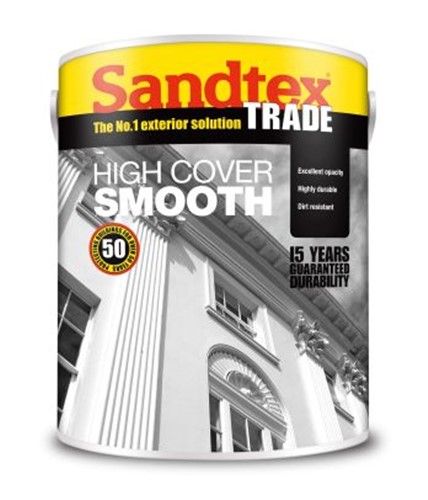 Sandtex High Cover is a water-based, high opacity, fine smooth finish for exterior masonry surfaces. Has an aggregate reinforced film with an anti-carbonation coating which prevents dirt build up on the surface and a fungicide to prevent mould growth. Provides 15 years of long lasting protection.