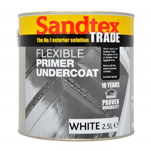 Sandtex Trade Flexible Primer Undercoat provides an idea base for Sandtex Trade Flexigloss X-Tra as well as Eggshell X-Tra. This product is formulated to seal wood for exterior joinery, but can also be used over suitably primed metal.

Flexible Primer Undercoat contains an increased level of fungicide making this ideal for protecting the applied paint film. High performance product which offers superior resistance to flaking and cracking, when used in a 2-part system with products above. Under normal drying conditions dry and recoatable after 16 hours.