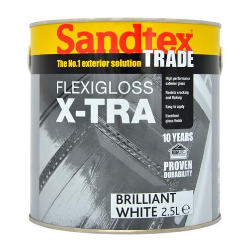 Sandtex Trade Flexigloss X-Tra is specially formulated for long term protection of exterior joinery, this high performance, solvent bourne flexible alkyd gloss system which consists of this product and Sandtex Trade Flexible Primer Undercoat, both working together offers super resistance to cracking and flaking.

Exceptional durability which lasts up to 10 years, when this product is applied to exterior wood it remains flexible in all weather conditions. Contains a level of fungicide for the sole purpose of protecting the applied paint film.