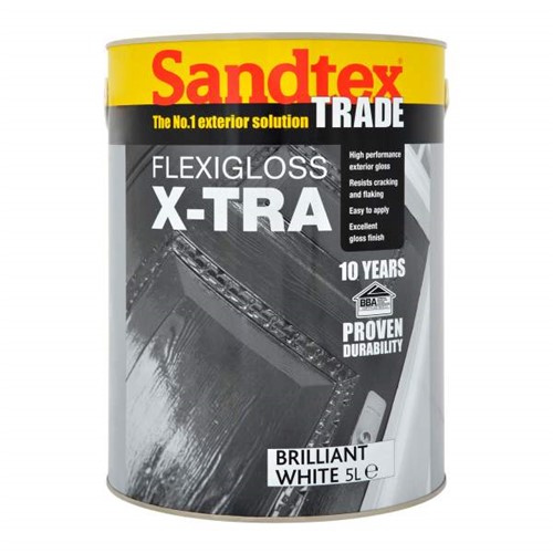 Sandtex Trade Flexigloss X-Tra is specially formulated for long term protection of exterior joinery, this high performance, solvent bourne flexible alkyd gloss system which consists of this product and Sandtex Trade Flexible Primer Undercoat, both working together offers super resistance to cracking and flaking. Exceptional durability which lasts up to 10 years, when this product is applied to exterior wood it remains flexible in all weather conditions. Contains a level of fungicide for the sole purpose of protecting the applied paint film.