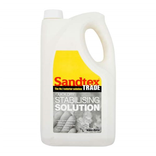 Sandtex Trade Stabilising Solution Water-Bourne is a low VOC content finish. A colourless stabiliser for chalky surfaces. Thinned with water and is suitable for exterior use. Quick-drying product which primes and stabilises chalking, weathered and porous surfaces.