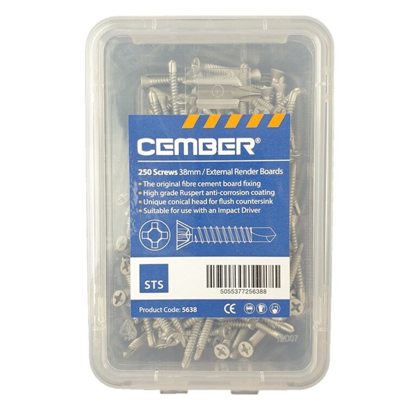 High-Performance External Render Board Screw

The CEMBER External Render board screw is a high-performance screw designed specifically for use with our 12mm STS Construction Board.

When installing our Render boards it is important to ensure the screws used are flush, strong and suitable for high levels of moisture and weathering.  The Ruspert&#174; coating on the screws is a perfect barrier for all corrosion, rust and weathering.

These screws are 38mm long and come in a handy plastic box of 250 screws.