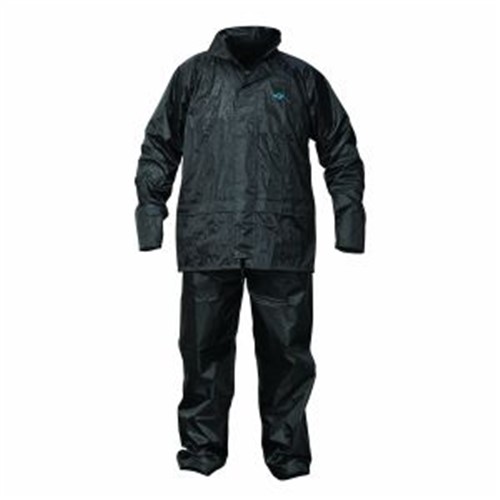 Durable fully waterproof PVC jacket &amp; over trousers
Zip fastened jacket with a concealed hood, elasticated inner cuffs, front pockets and a ventilated back
Trousers with elasticated waist &amp; stud adjustable ankle width
Fully taped seams
Colour - Black