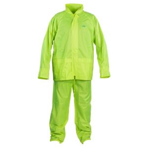 Durable fully waterproof PVC jacket &amp; over trousers
Zip fastened jacket with a concealed hood, elasticated inner cuffs, front pockets and a ventilated back
Trousers with elasticated waist &amp; stud adjustable ankle width
Fully taped seams
Colour - Yellow
