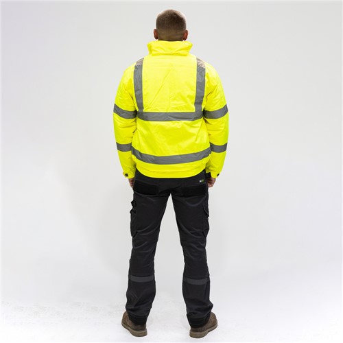 Bomber jacket in high visibility yellow with reflective bands for improved visibility, particularly in the hours of darkness. Waterproof hood concealed in collar with zip and hook &amp; loop storm flap fastening. Quilted lining and fleece lined collar for warmth and comfort.