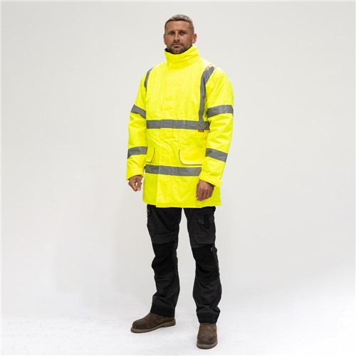 Parka jacket in high visibility yellow with reflective bands for improved visibility, particularly in the hours of darkness. Waterproof hood concealed in collar with zip and hook &amp; loop storm flap fastening. Longer length with quilted lining and fleece lined collar for warmth and comfort.