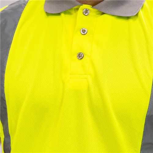 Hardwearing and comfortable to wear, a high visibility yellow polo shirt with panels that reflect light to maximise visibility, particularly during the hours of darkness. The open collar and short sleeve make this shirt ideal for use in warm conditions or warehouse environments where visibility is required.