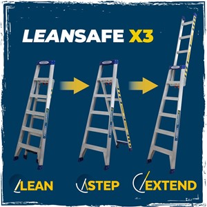 Combines a leaning ladder, step ladder and extension ladder all in one product
One-handed adjustment system for quick and easy change to all three modes
Unique top designed to securely lean against wall corners, studs, poles and flat wall surfaces
Safety grip wall bumper provides firm grip for pole or corner leaning
Compact rear section fits between standard framing studs when in step ladder mode to get closer to the work
Integral tool tray with magnetic tray securely holds tool and equipment
Wide, heavy-duty slip-resistant rungs for comfort and security
Non-marring wall bumpers protect work surfaces from damage
Locking latch to prevent the section separating when being stored
Foot brace provides maximum strength to protect against damage
Slip-resistant feet for added safety
150kg load capacity**
Approved to the latest EN131 Standard
For Professional Use