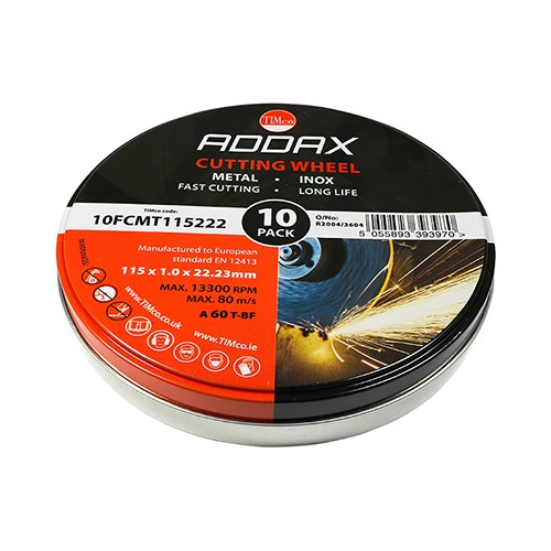 A tin of 10 115mm bonded abrasive discs. Used for cutting slits into various types of metals, including stainless steel / inox.

• Manufactured to European standard EN 12413
• Reduced burring
• Less heat distortion
• High cutting speed