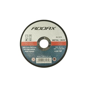 A tin of 10 115mm bonded abrasive discs. Used for cutting slits into various types of metals, including stainless steel / inox.

• Manufactured to European standard EN 12413
• Reduced burring
• Less heat distortion
• High cutting speed