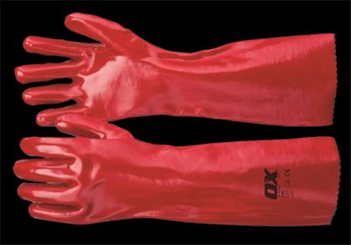 Fully coated red PVC gauntlet with soft comfortable cotton lining
PVC coating has smooth finish for excellent abrasion resistance
Longer length (450mm) gives forearm protection for heavier oil and chemical handling applications
Conforms to EN388 standards
Size 10 / XL