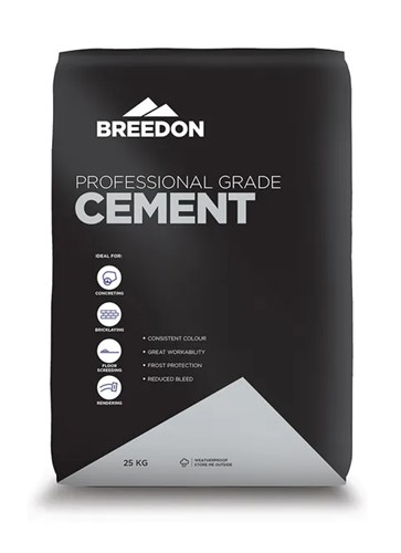 Breedon Professional Grade Cement is ideal for concreting, bricklaying, floor screeding and rendering. And it comes in a 25kg weatherproof bag.