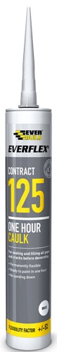 Everflex Contract 125 One Hour Caulk is a fast-drying flexible decorators’ filler and sealant that remains permanently flexible. Can be overpainted with most paint types or covered over with wallpaper; no sanding down required.